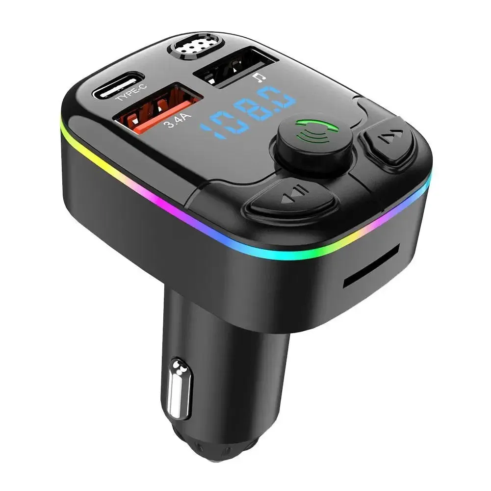 Car Bluetooth FM Transmitter with Dual USB-A, Type-C Charger & RGB LED KDM0459