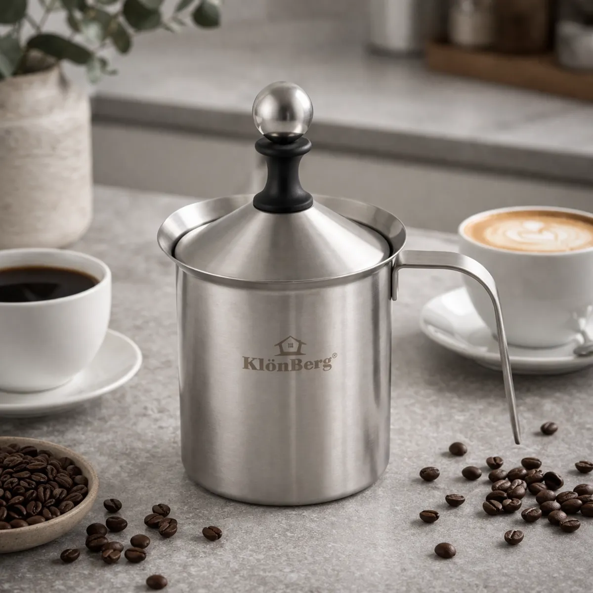 KlonBerg 800ml Manual Milk Frother Stainless Steel Induction Compatible