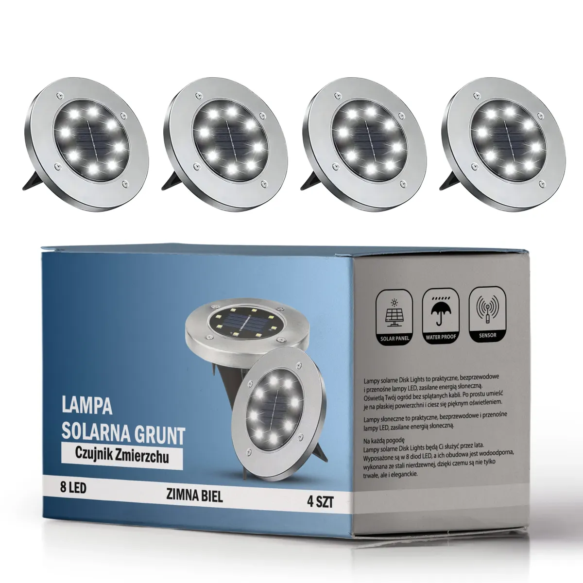 Solar Ground LED Disc Lights Waterproof for Garden – Set of 4 pcs. Steel Housing
