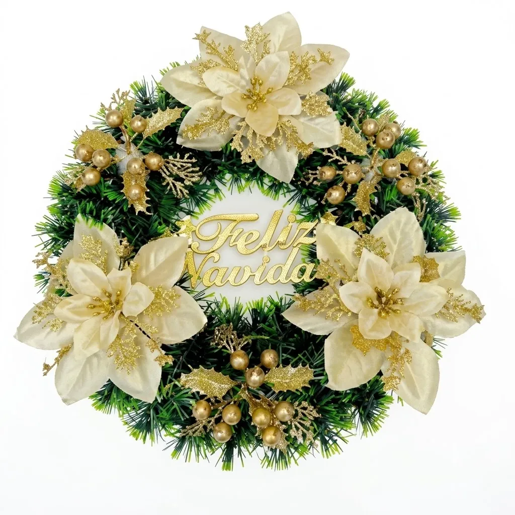 Christmas Wreath 40 cm with Cream Flowers and Gold Decor - PX- 790776