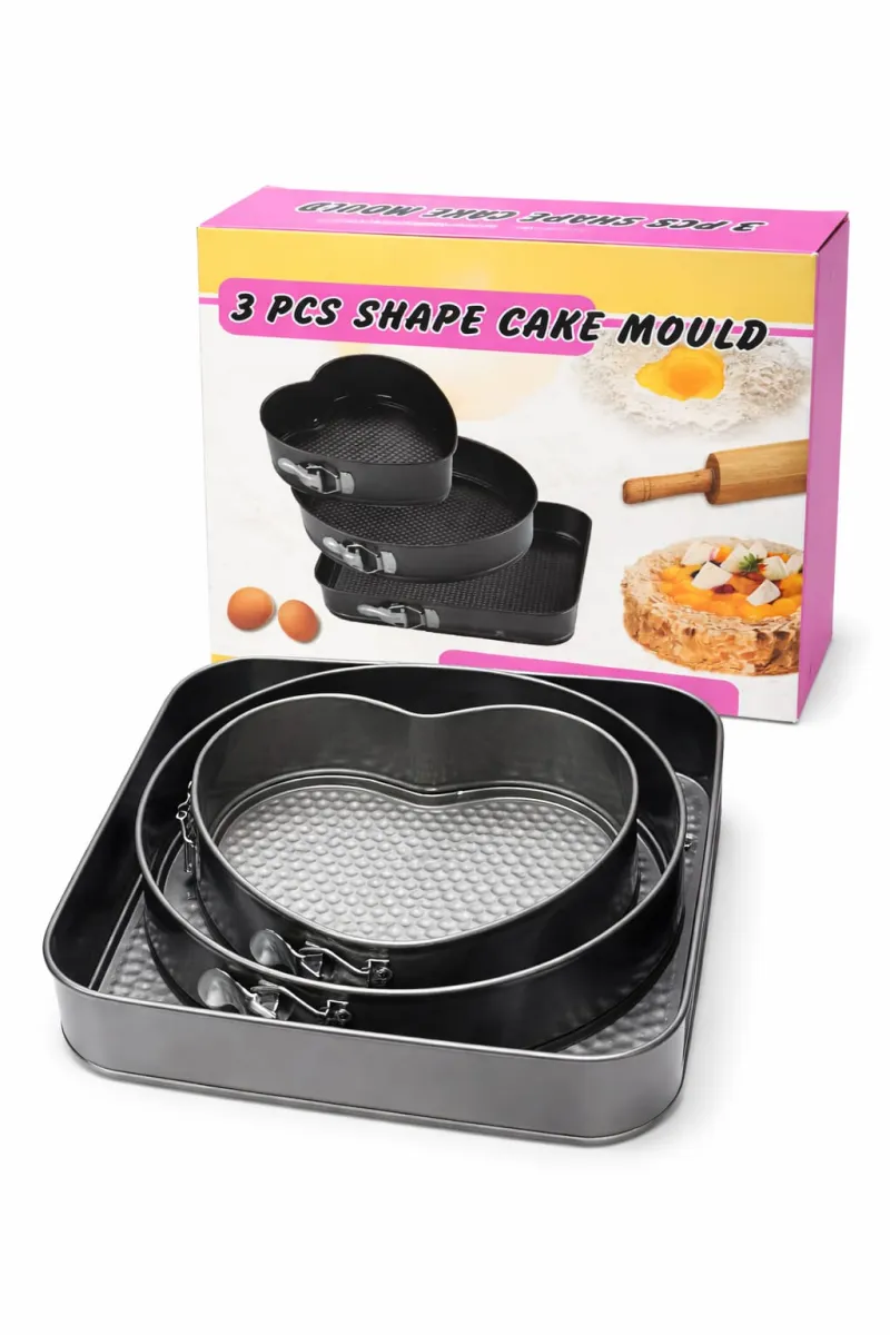 Set of 3 Springform Cake Pans - Heart, Round, Square - Essential Baking Tools KDM0999