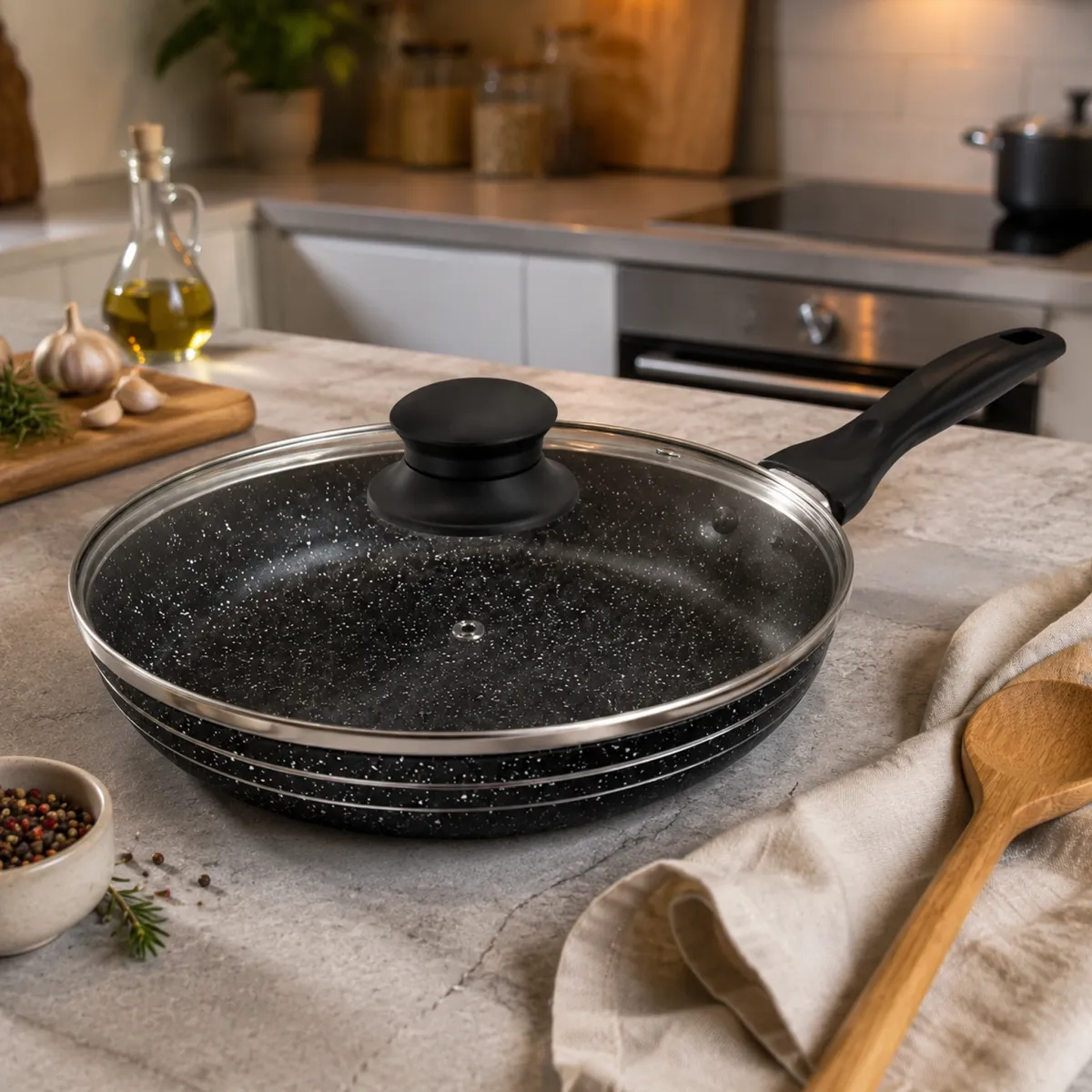 Marble Coating Non Stick Frying Pan with Lid 30cm PFOA Free Induction Gas KB-8814