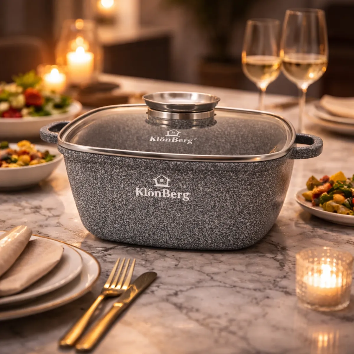 KlonBerg Kare Tencere 22cm 4.0L Yapışmaz Cam Kapaklı KB-3912