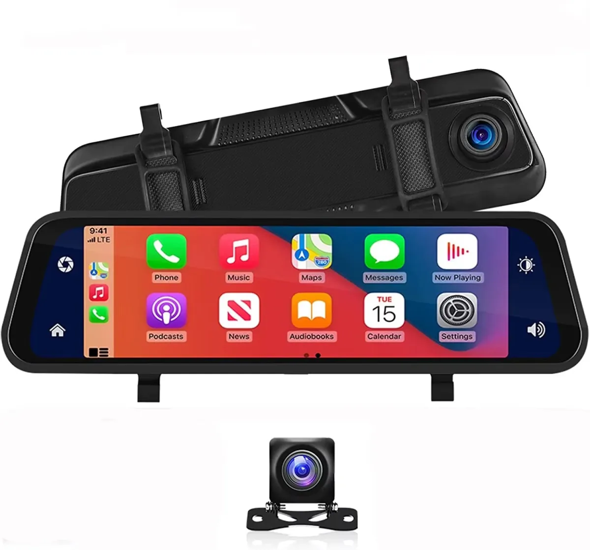 4K Smart Mirror Dash Cam with Wireless CarPlay and Rear View DVR KDM0349