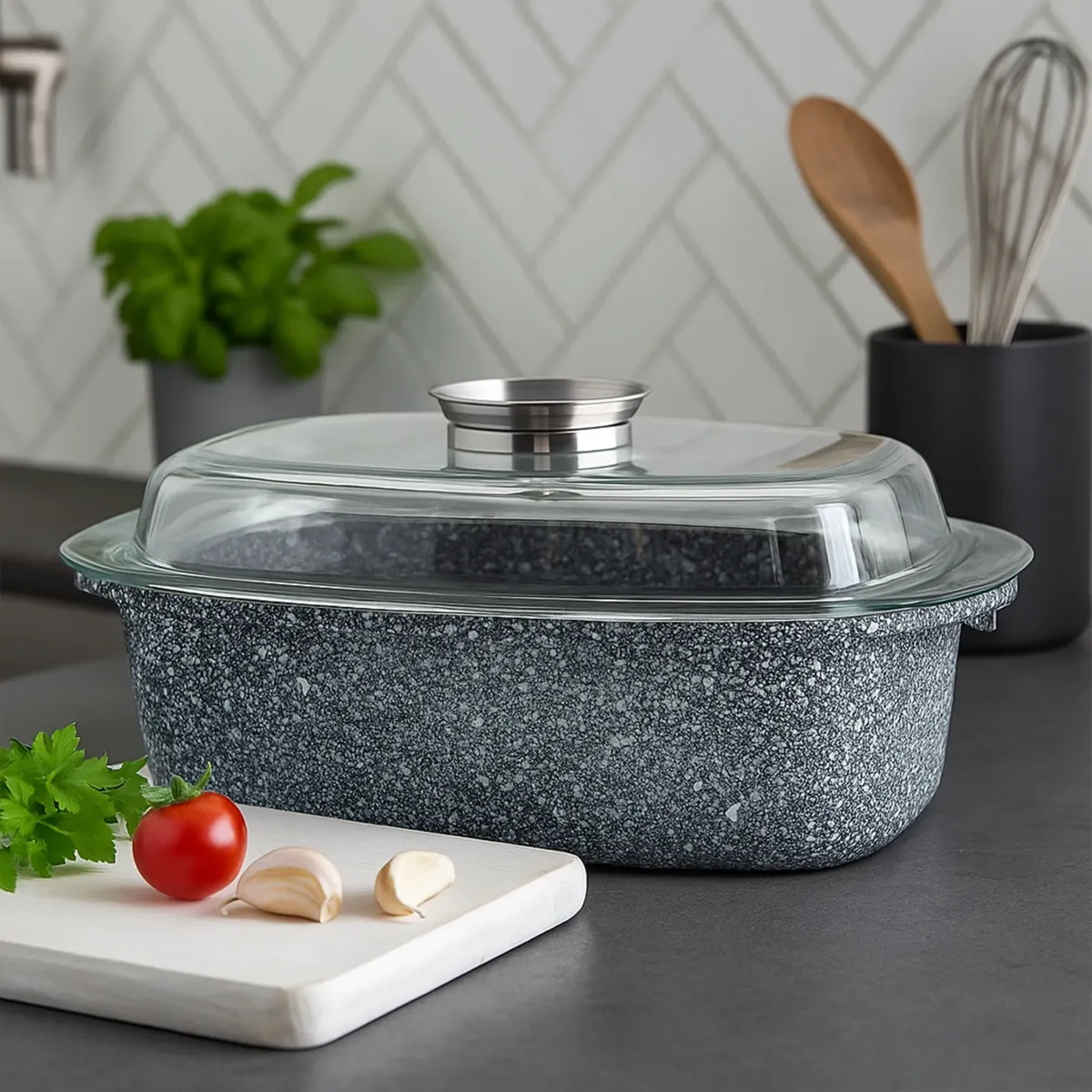 Roaster 32cm 5.5L Ceramic Marble Non-Stick with Tempered Glass Lid KB-8007E