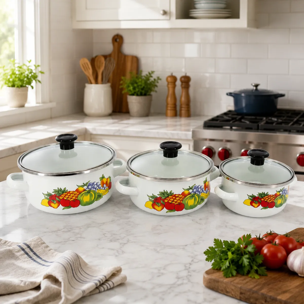 Enamel Cookware Set 3-Piece Fruit Pattern with Glass Lids