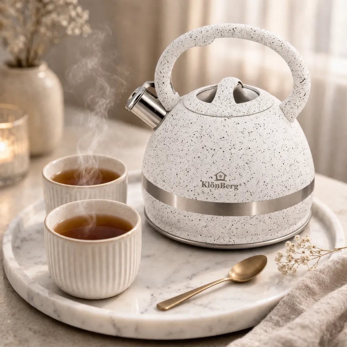 Stainless Steel Whistling Kettle 3L White Granite Finish for Induction with Soft Handle KB-6621