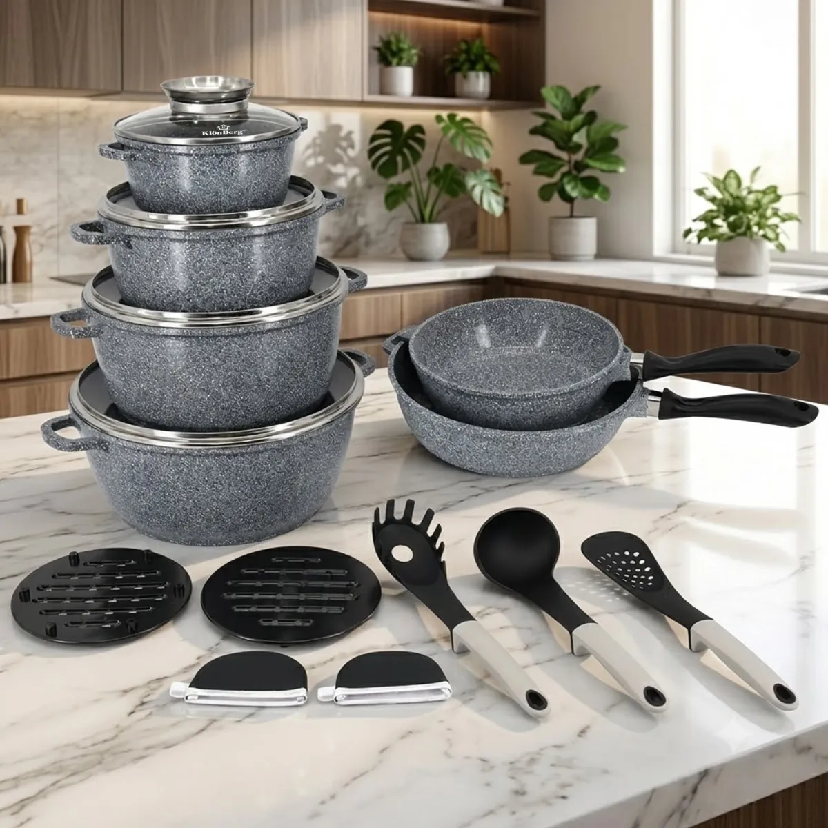 Ceramic Marble Non-Stick Cookware Set 17PCS Cast Aluminum Grey with Glass Lids KB-3926