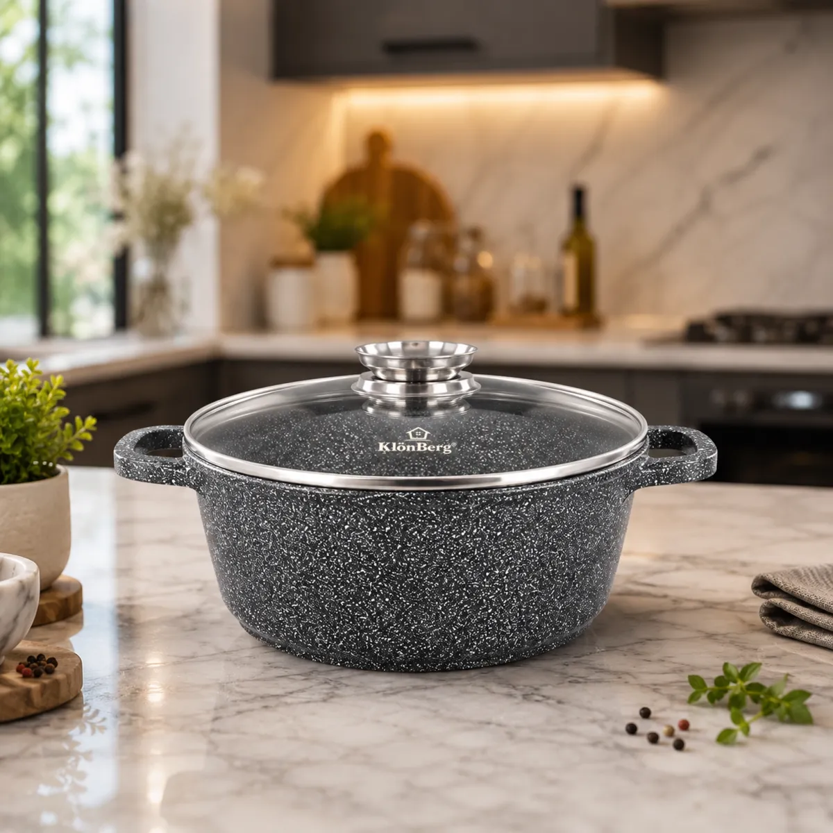 Ceramic Marble Soup Pot 4.3L 24CM Cast Aluminium Non-Stick Grey Finish with Glass Lid-KB-3905