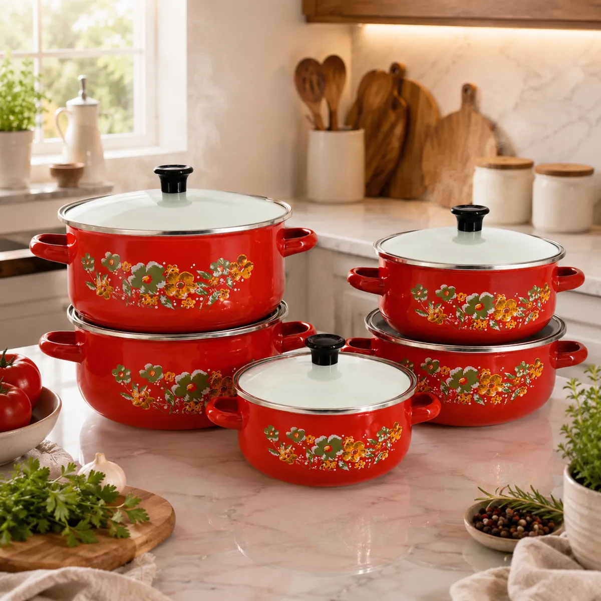 Enamel Casserole Set 10-Pcs Red Floral Round with Glass Lids