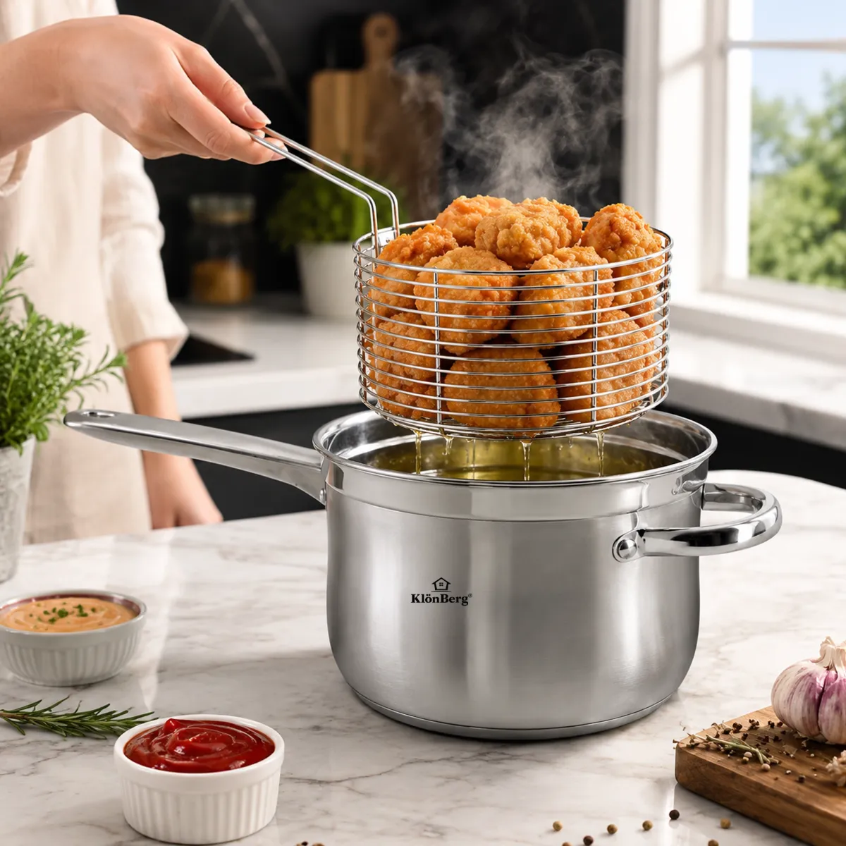Stainless Steel Deep Fryer Set 3 Pcs with Frying Basket and Glass Lid