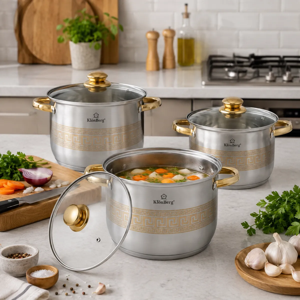 Stainless Steel Stock Pot Set 6 Piece with Glass Lids & 5-Layer Base KB-3050