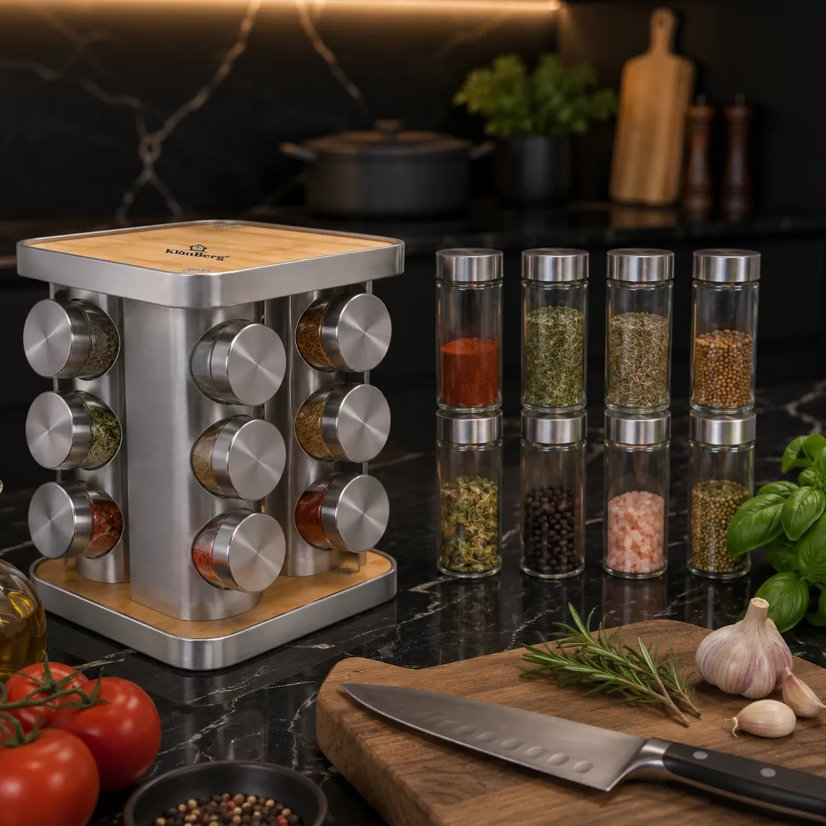 Rotating Spice Rack with 12 Glass Spice Jars and Steel Stand