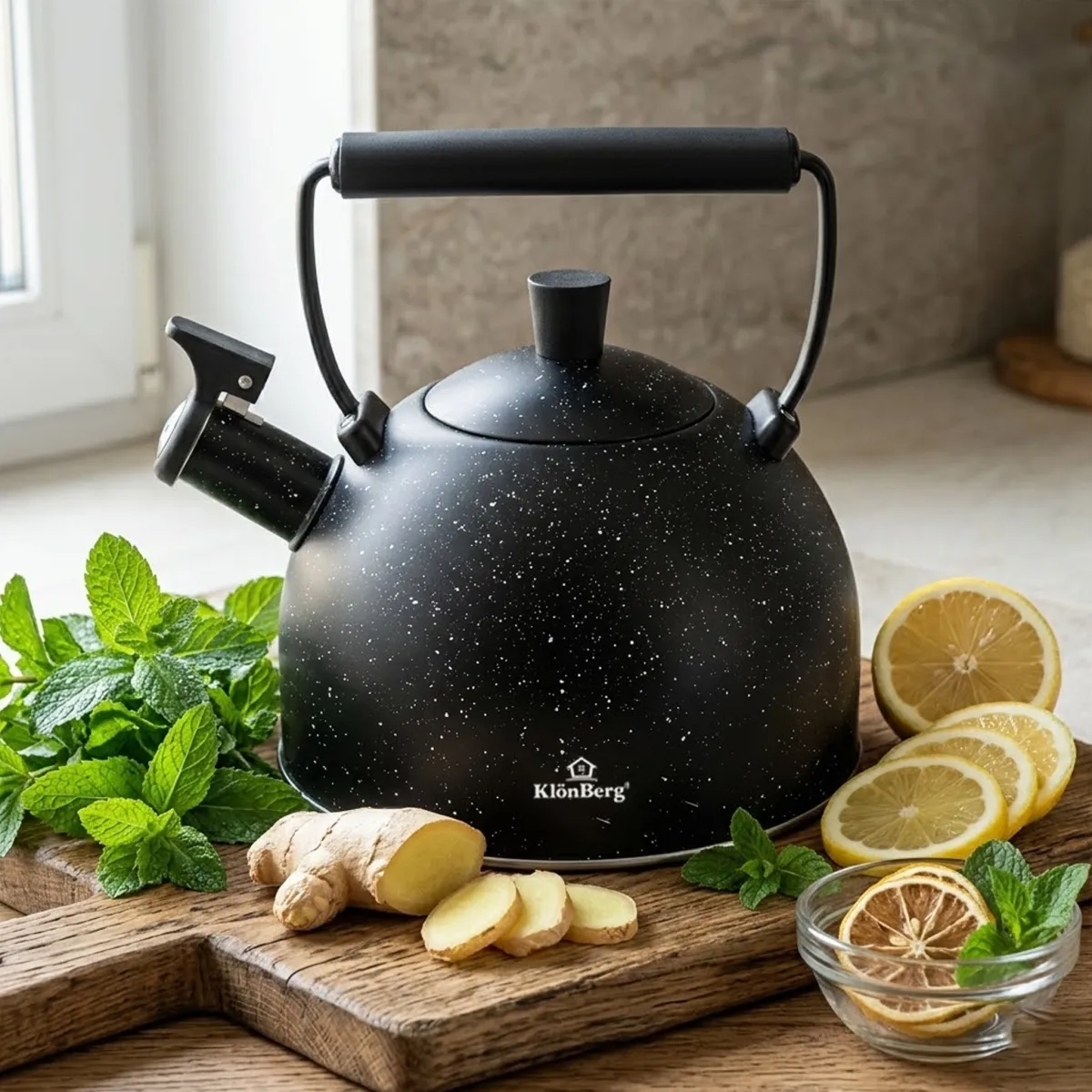 Whistling Kettle 2.5L Black Marble Coated Stainless Steel with Induction