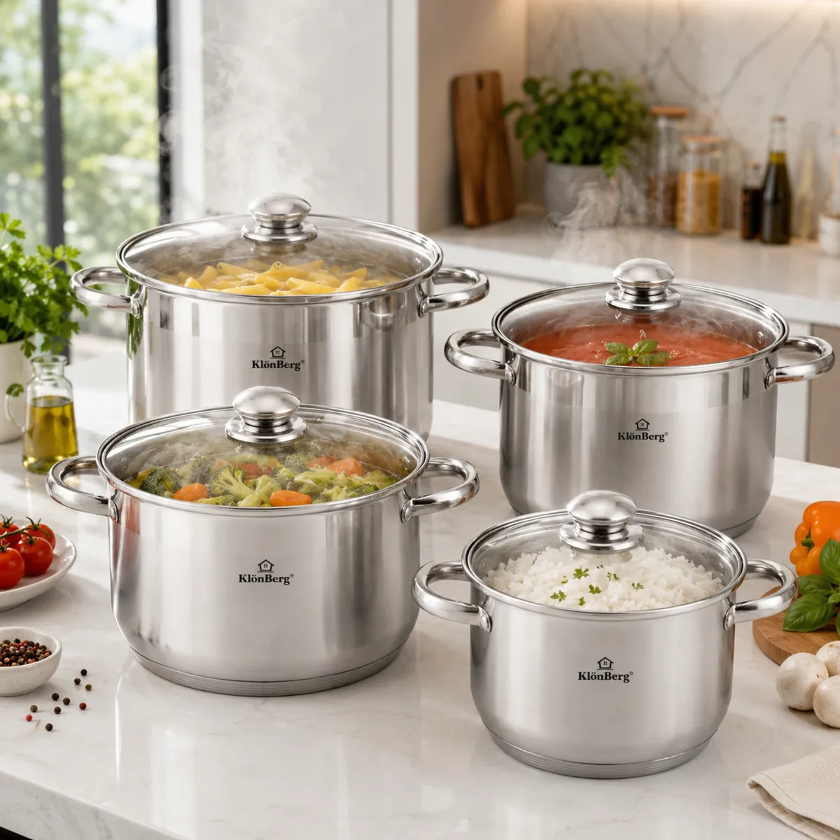 Stainless Steel Stock Pot Set 8 Pcs 5 Step Base with Glass Lid KB-2531