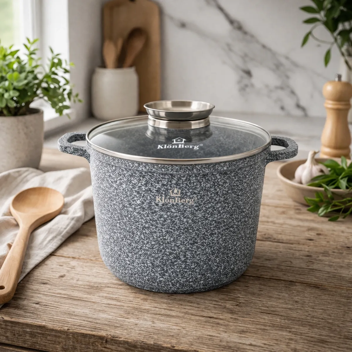 Cast Aluminum Pot With Lid 4L Ceramic Marble Coat Granite Grey KB-3966