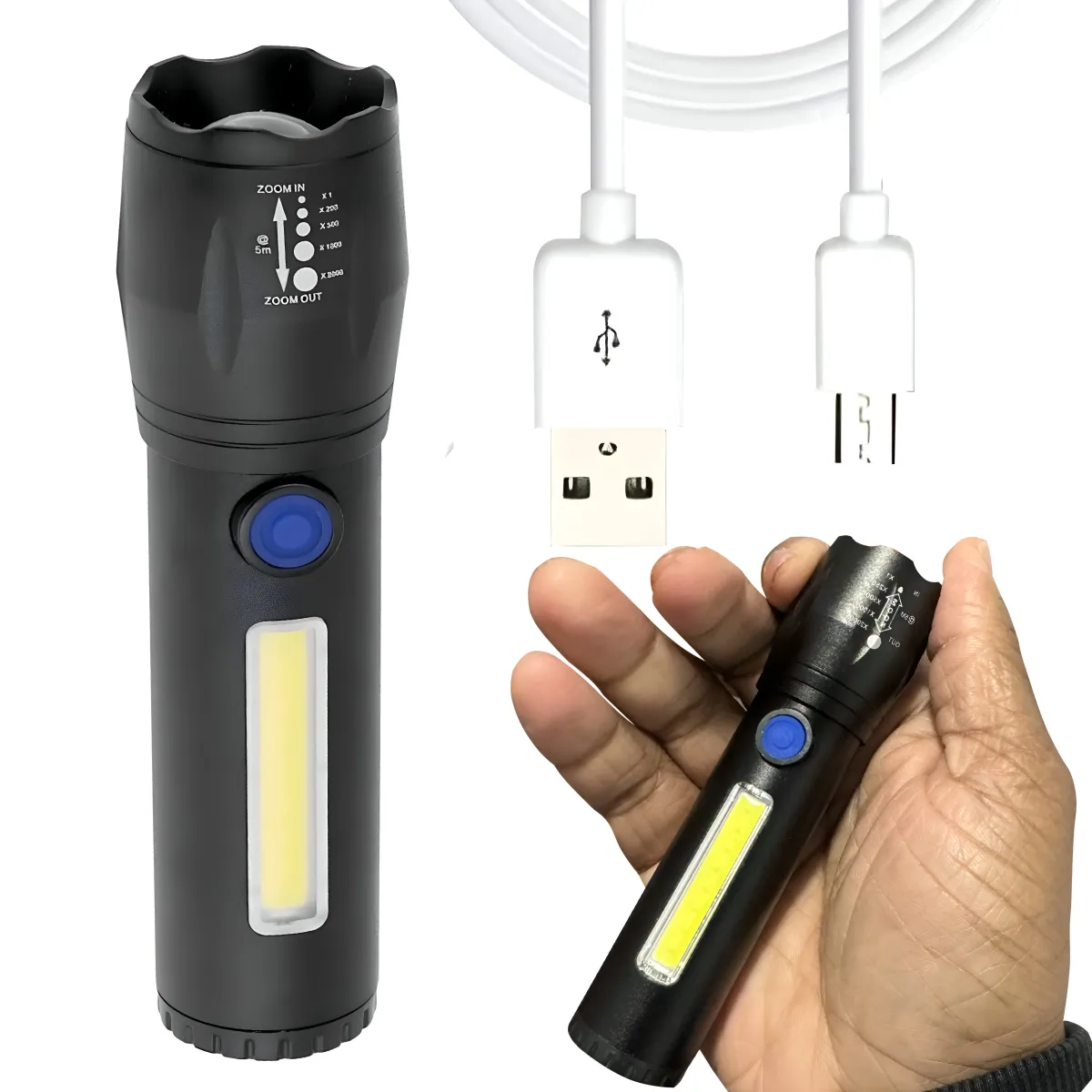 TACTICAL ZOOM RECHARGEABLE LED FLASHLIGHT COB+LED BLACK COLD WHITE - FL1136