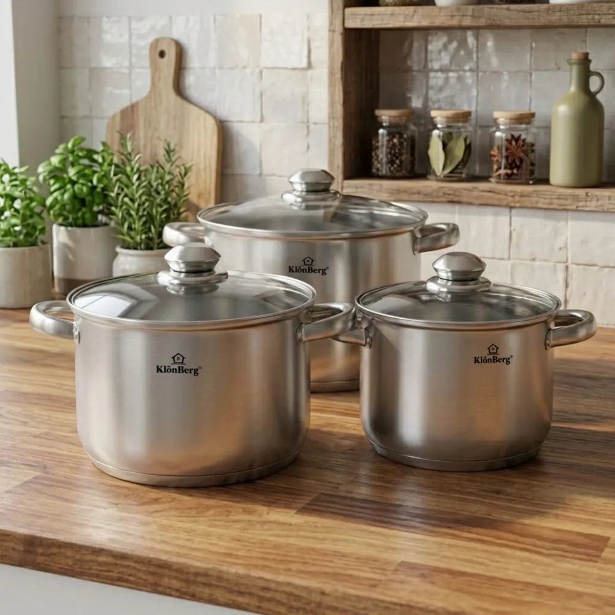 6 Piece Stainless Steel Stock Pot Set with 5-Layer Base and Glass Lids
