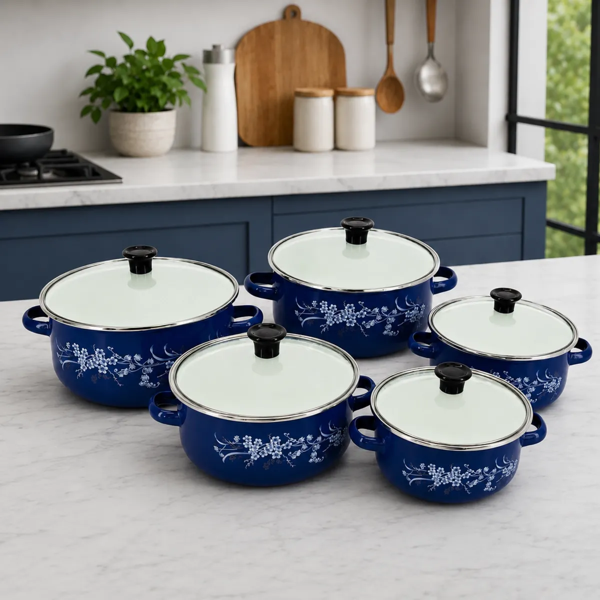 Enamel Cookware Set 5-Pcs Blue With Glass Lids