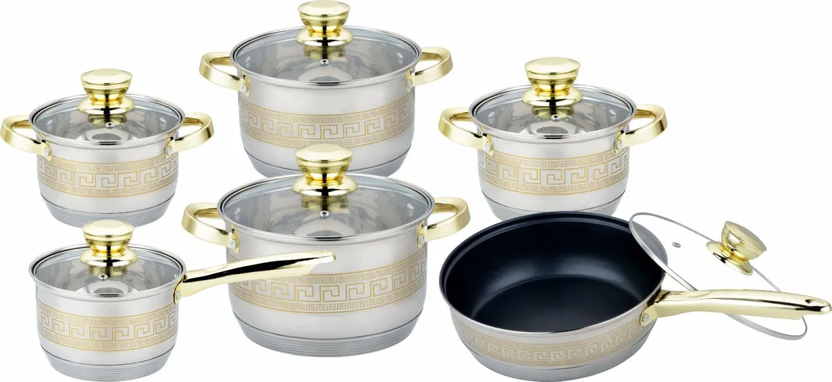 12-Piece Stainless Steel Cookware Set with Gold Accent Trims MV-1000