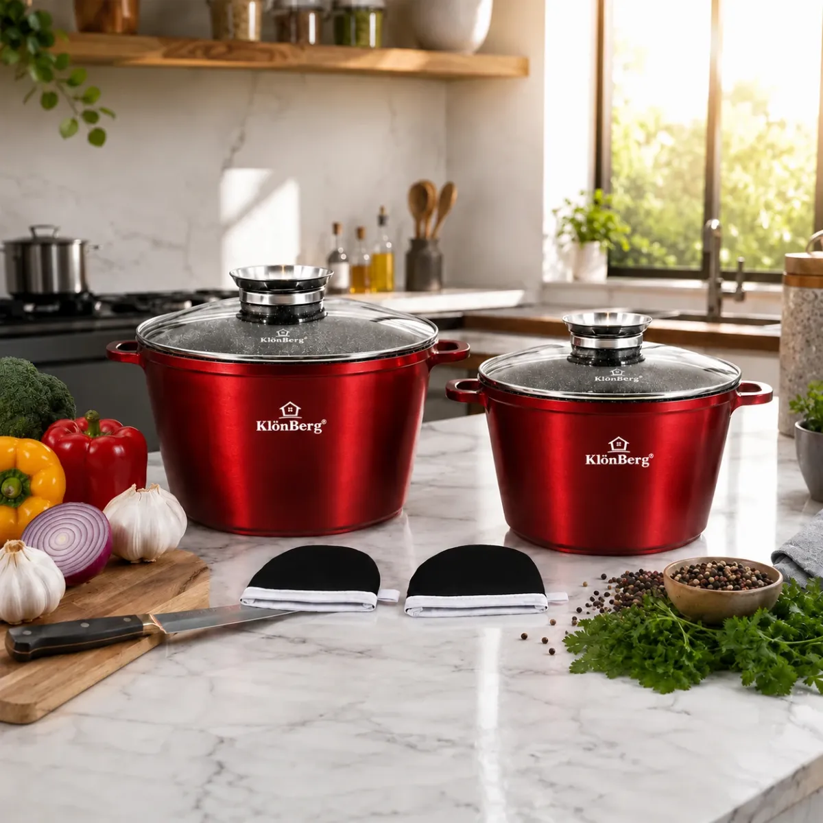 Ceramic Marble Cookware Pot Set 4PCS Red Cast Aluminium Non Stick with Glass Lid KB-4224