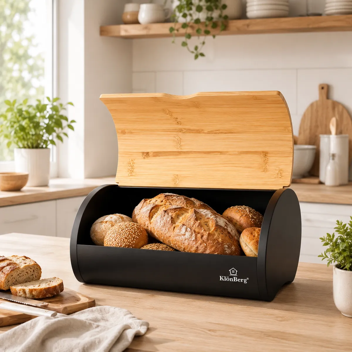 Bread Box with Bamboo Roll Top Lid Black Steel Bread Storage Bin