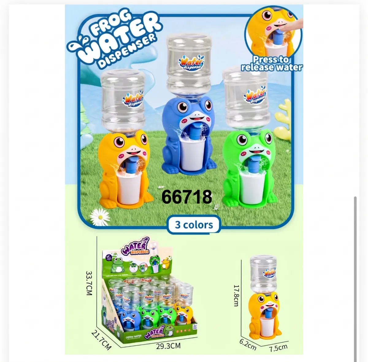 66718  Mini Cute Frog Water Dispenser Toy for Kids – Real Working Drink Dispenser with Cup (3 Colors)