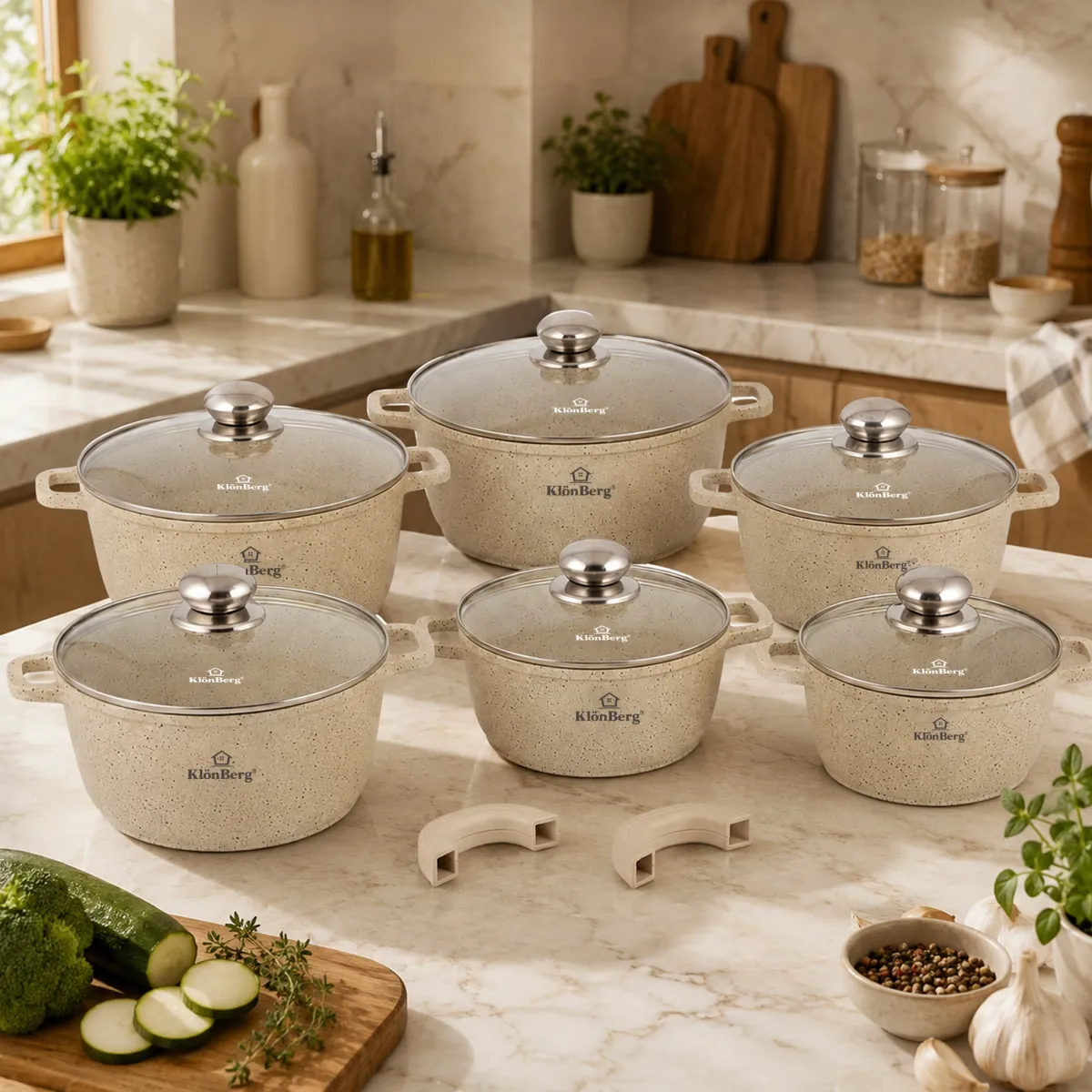 Cast Aluminium 12-Piece Ceramic Marble Non-Stick Cookware Set – Beige
