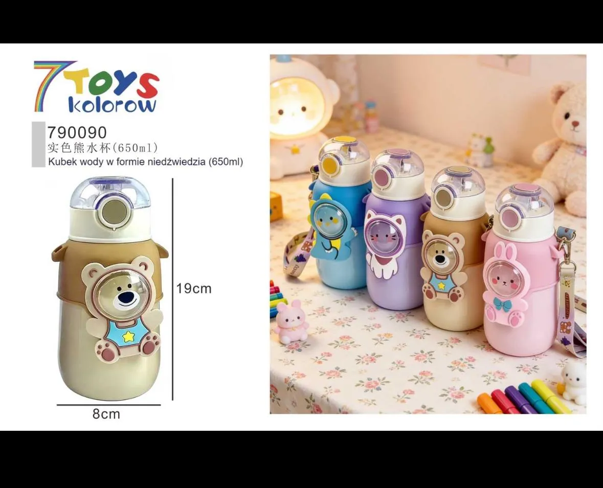 650ml Kawaii Solid Color Bear Water Bottle with Shoulder Strap