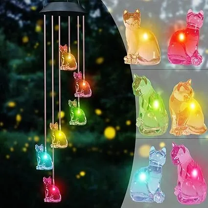 Solar LED Cat Wind Chime - Color Changing Garden Decor KDM0749
