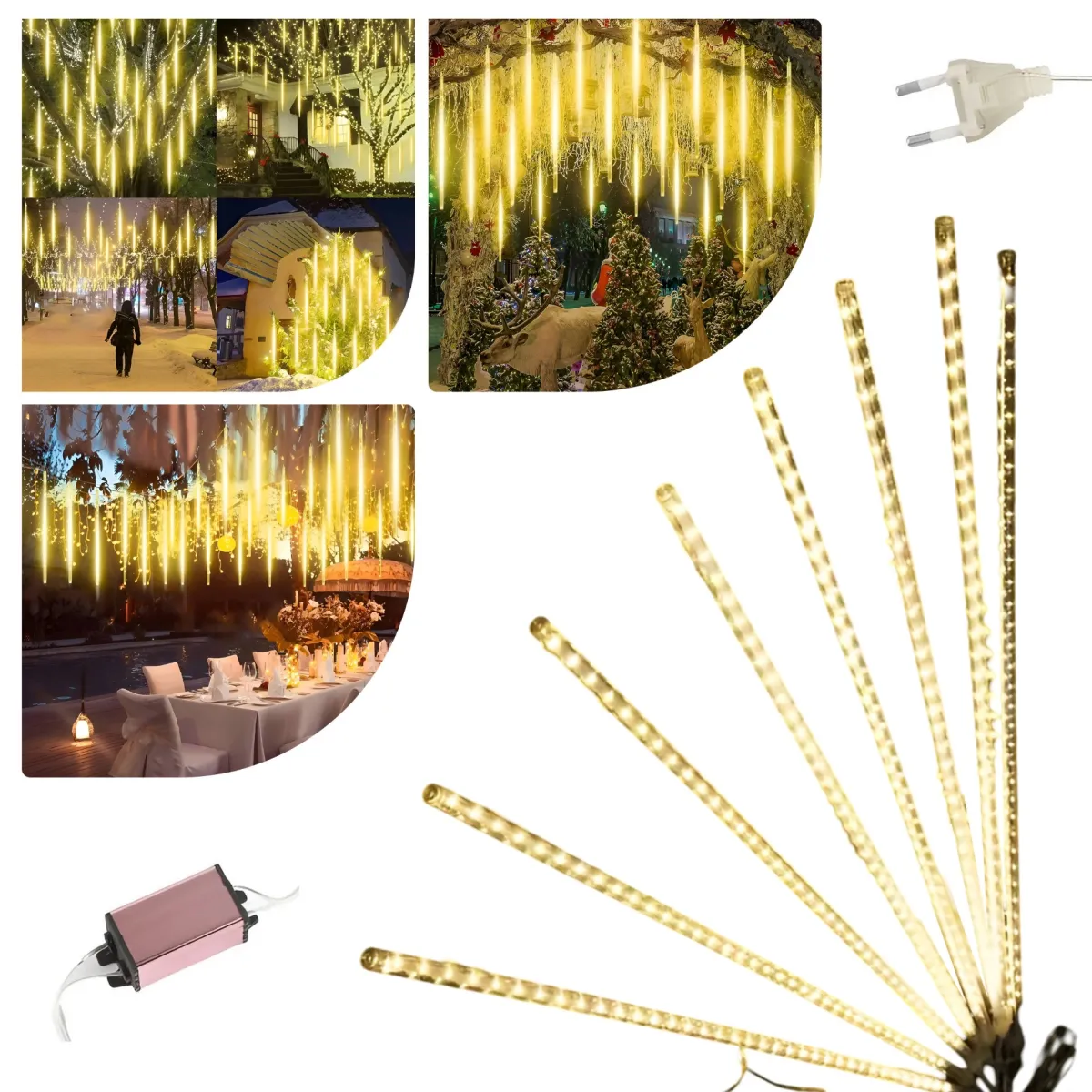 CHRISTMAS LIGHTING METEOR SHOWER 30CM 8 LED STICKS 144LED - WARM WHITE - CP1162