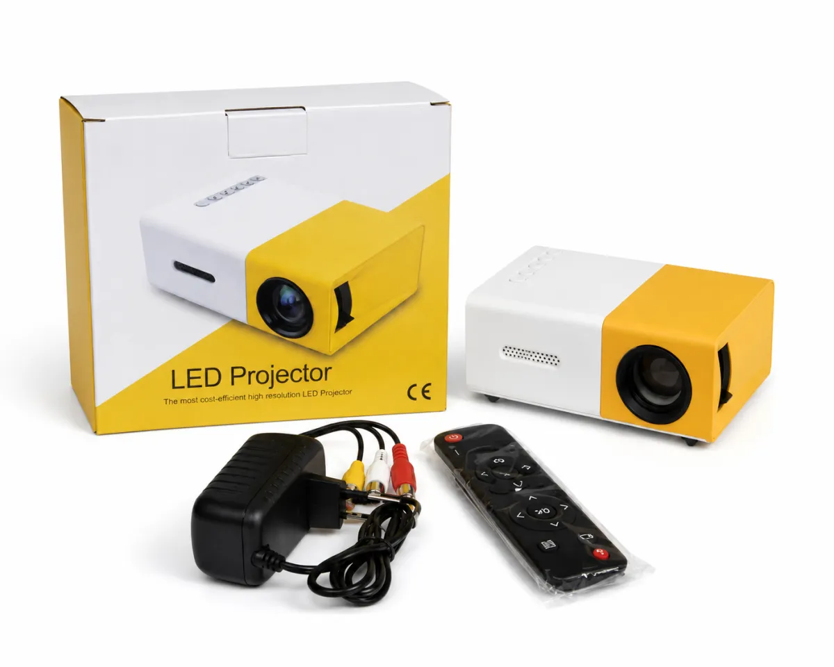 Bærbar mini LED-projektor gul-hvid - hjemmebiograf oplevelse KDM0651