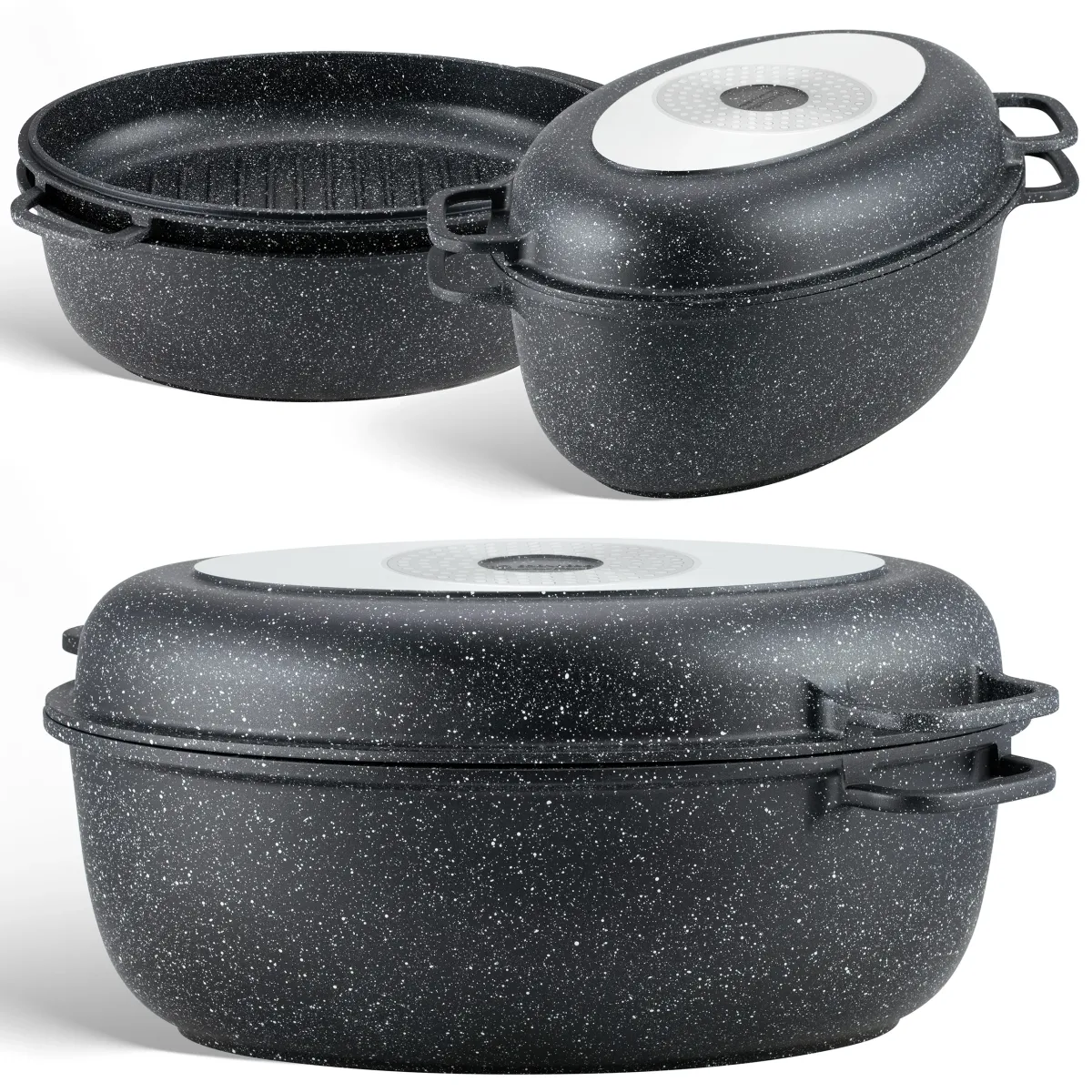 Roaster Ceramic Marble Non-Stick 38cm 8L with Glass Lid PFOA-Free - EB-9172