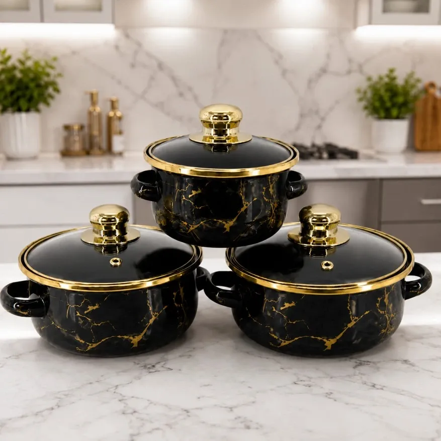 Enamel Casserole Set 6-Piece Black with Gold Marble Pattern and Lids