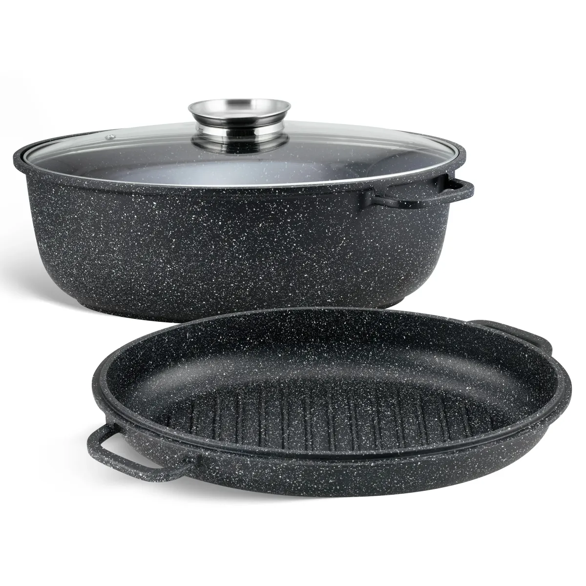 Roasting Pan 8L with Ceramic-Marble Coating Glass Lid & Grill Pan Function - EB-9171