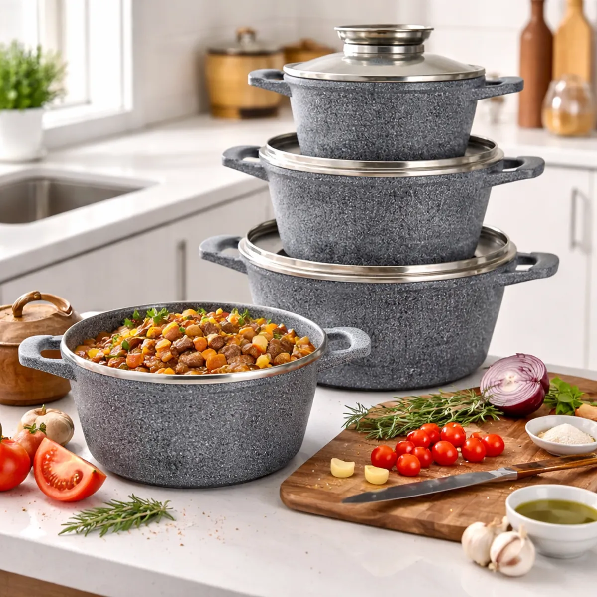 Cast Aluminum Nonstick Cookware Set 8-Piece Ceramic Marble Induction Compatible KB-3740