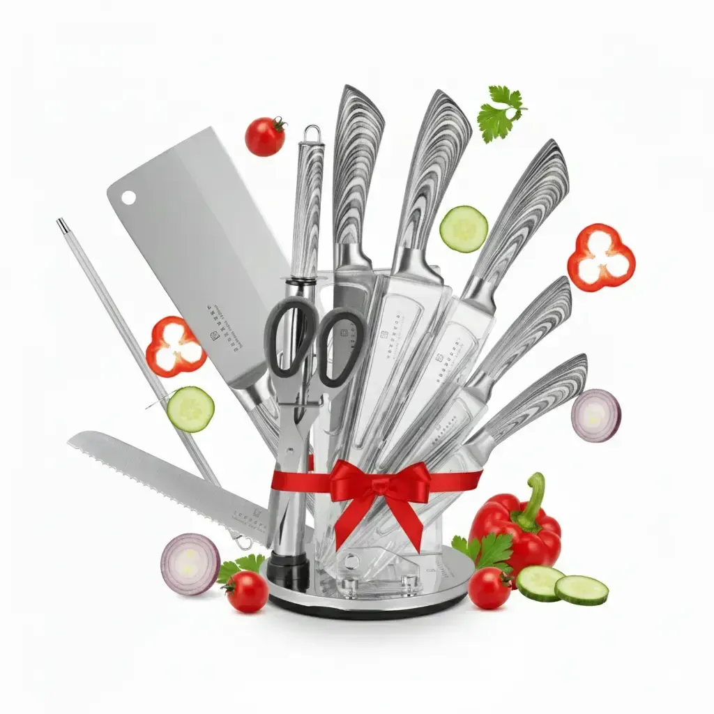 Set of 8 stainless steel kitchen knives with a rotating stand EB-914