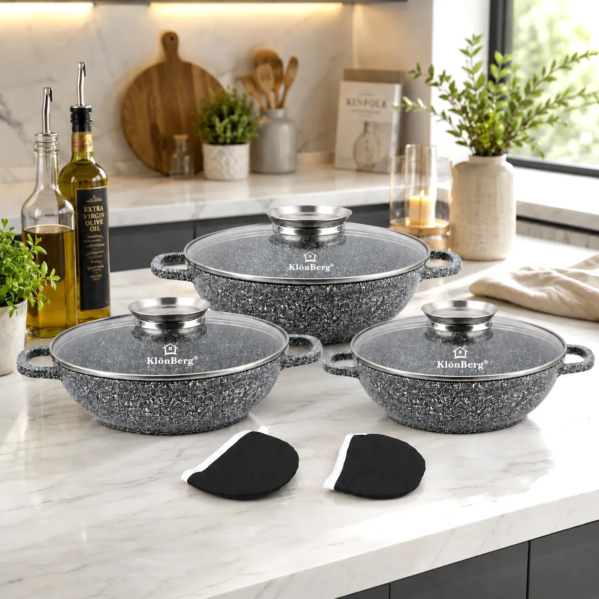 Ceramic Marble Non-Stick Cookware Set 6pcs with Glass Lids