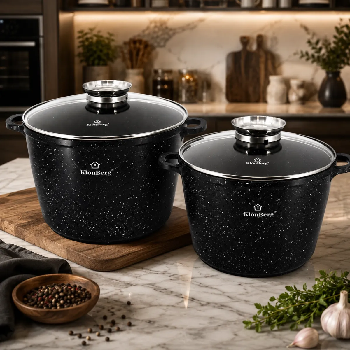 Ceramic Marble Non-Stick Deep Pot Set 4Pcs Black with Glass Lids