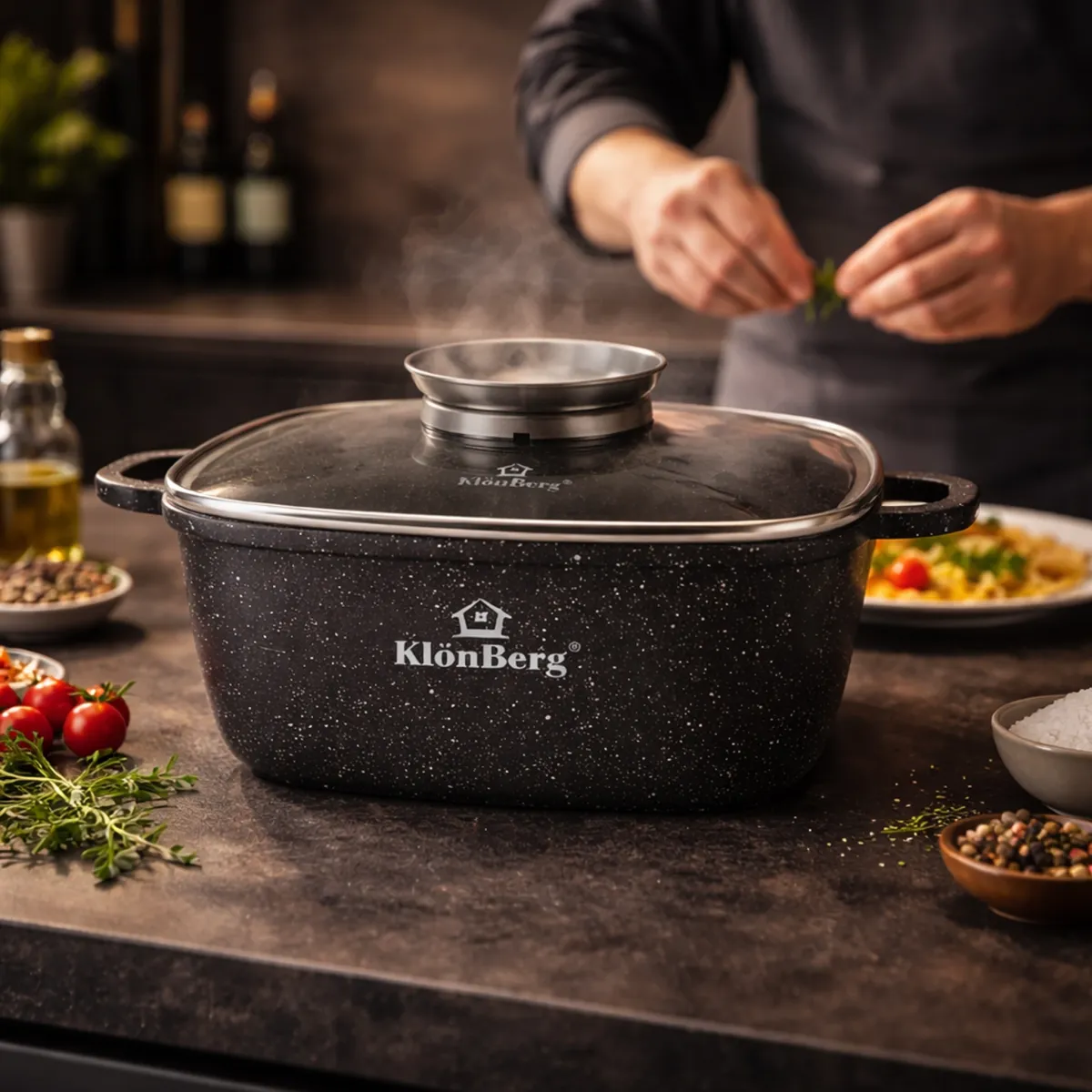 Square Pot 20cm 2.7L Non-Stick Ceramic Aluminium Casserole with Glass Lid for Induction Cooking