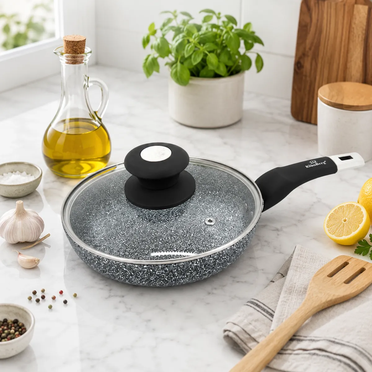 Marble Coating Frying Pan 22cm Non-Stick Pressed Aluminum with Lid KB-8642