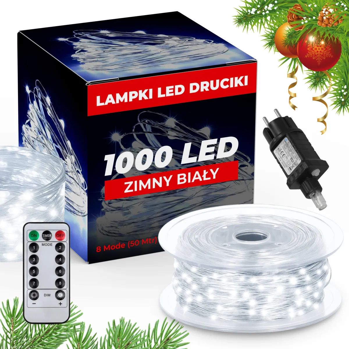 CHRISTMAS STRING LIGHTS + REMOTE 1000 LED 100M - COLD WHITE - CP1168