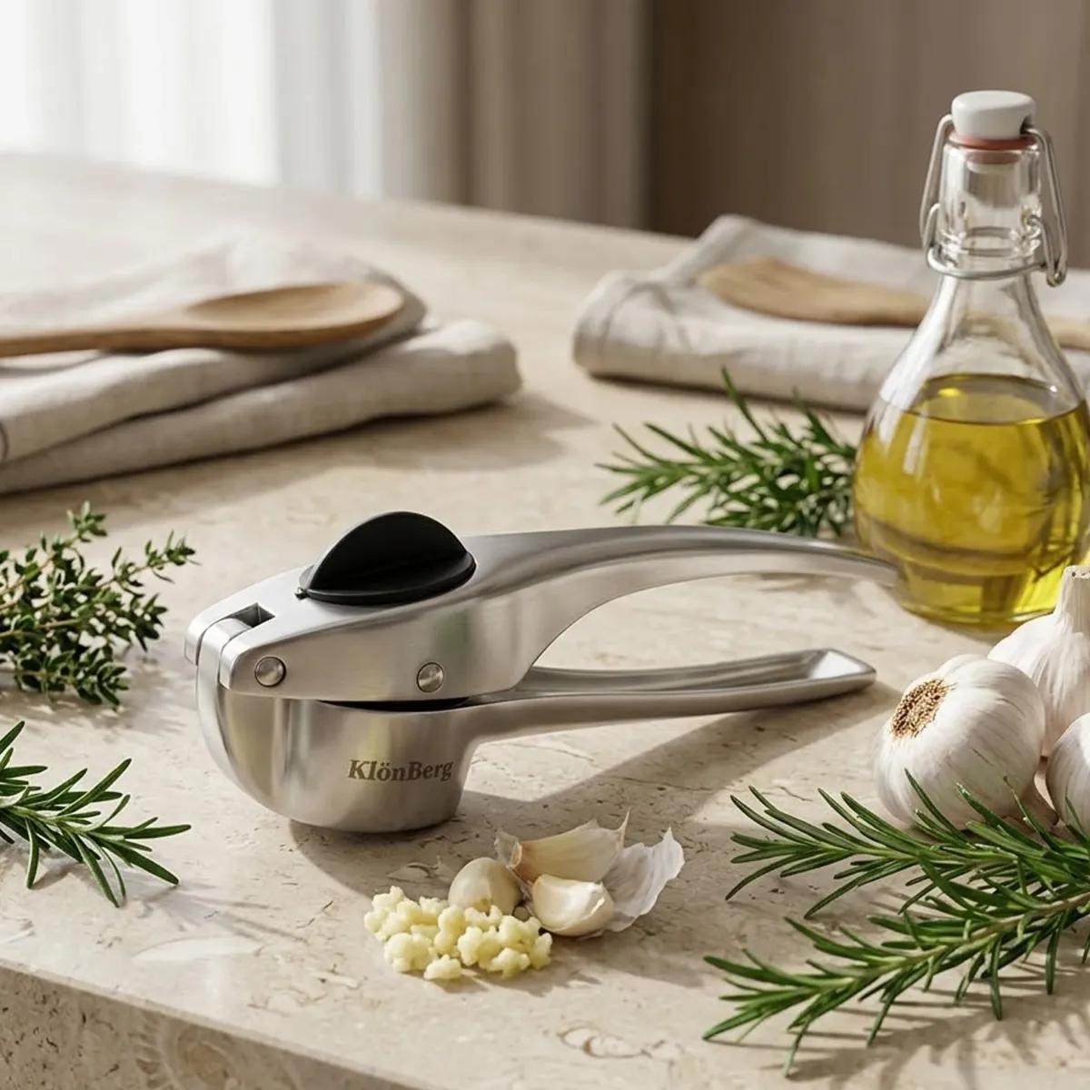 Nerezová garlic press drtič - těžký ruční mlýnek na česnek a zázvor