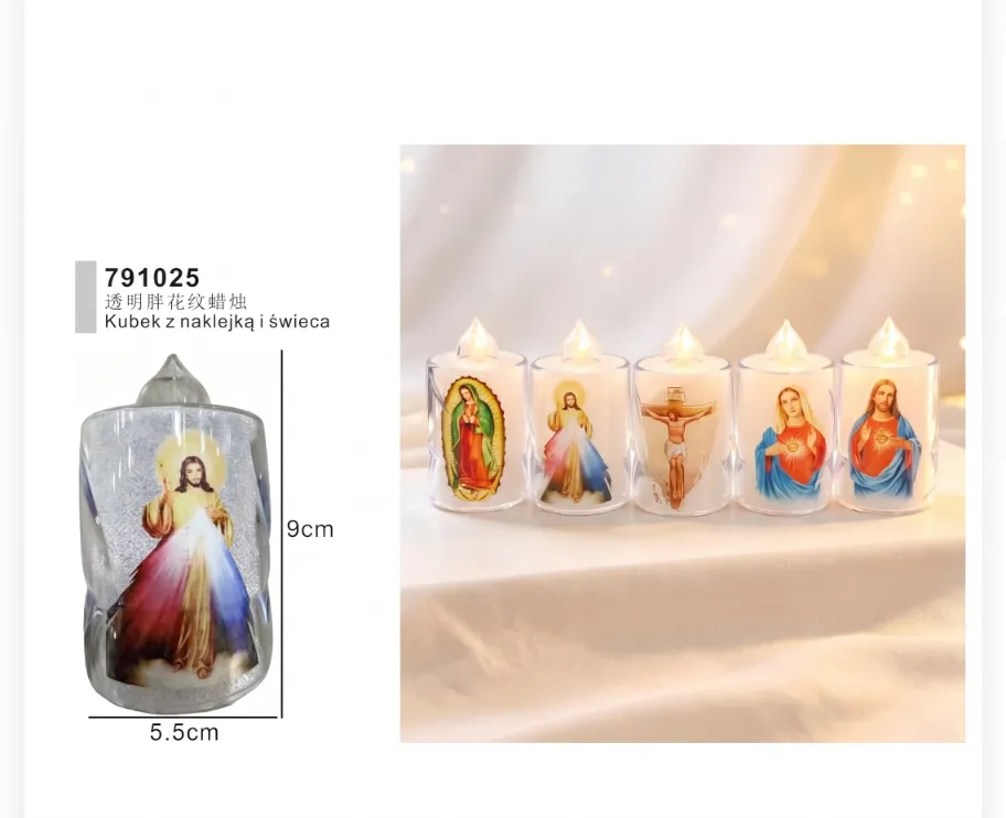 791024 Slim Religious Flameless LED Candle in Clear Glass Cup (9.5cm)