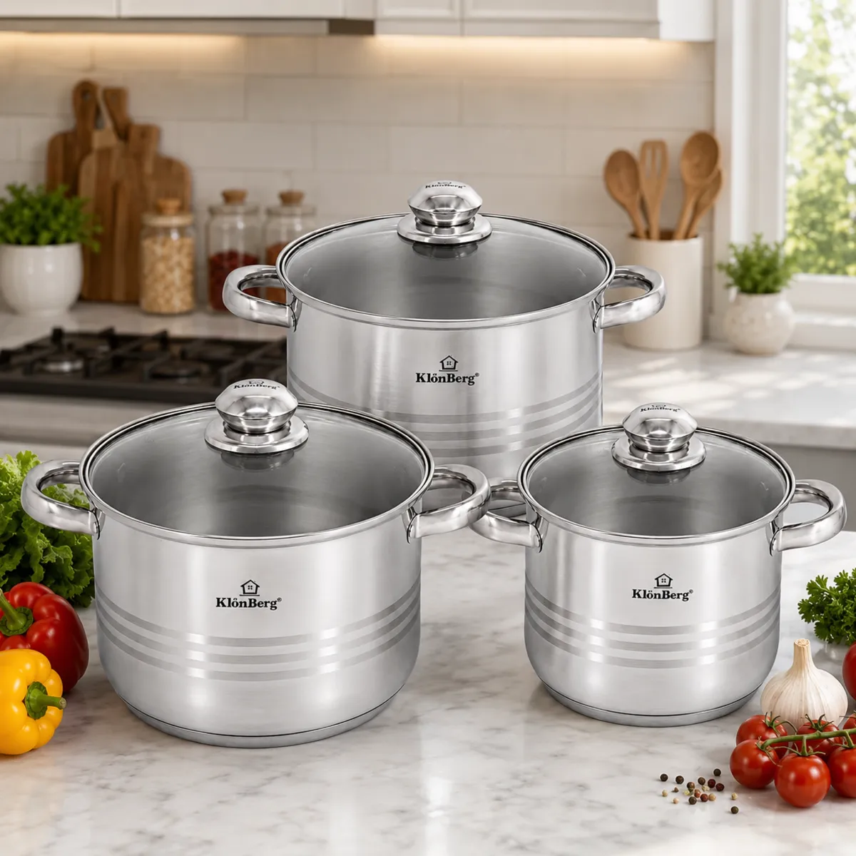 Stainless Steel Stock Pot Set 6 Pcs 5 Layer Base with Glass Lid KB-2530