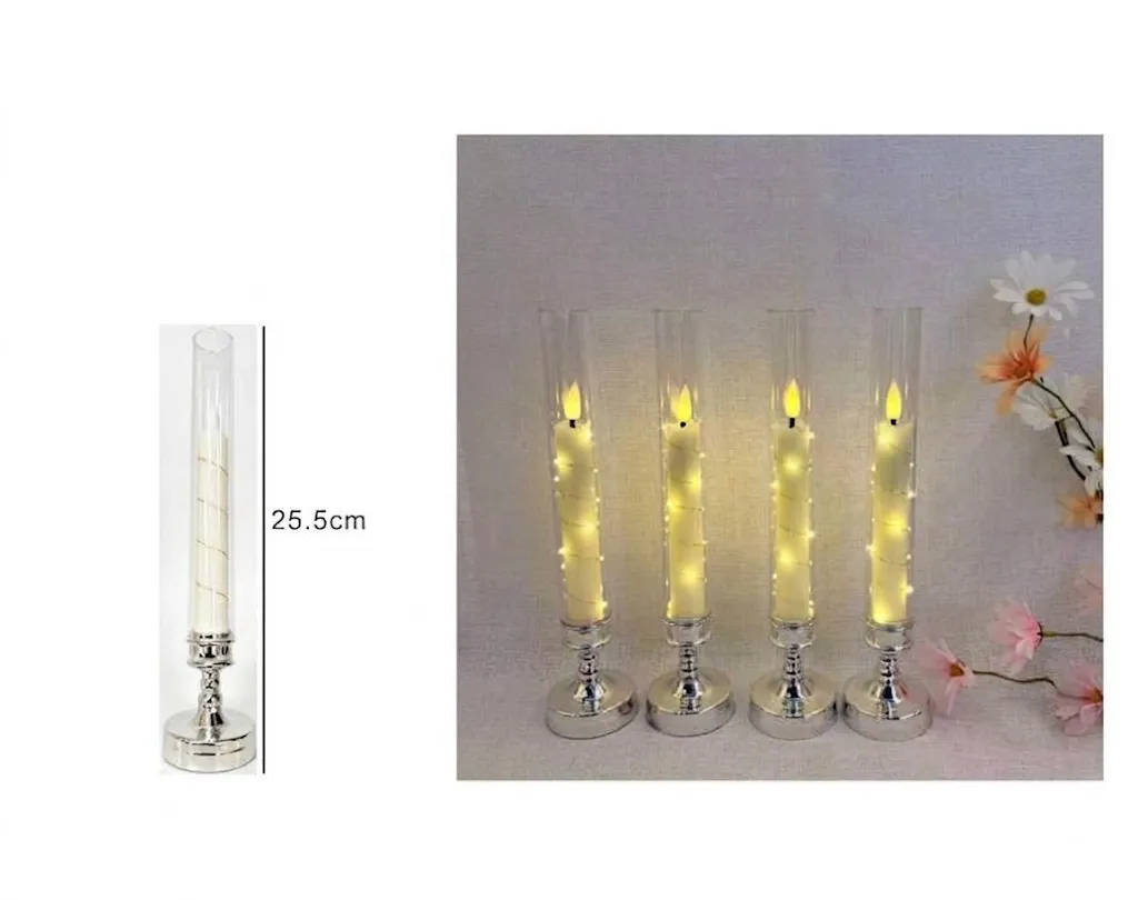 790976 Elegant Flameless LED Glass Hurricane Candle with Silver Base (25.5 cm)