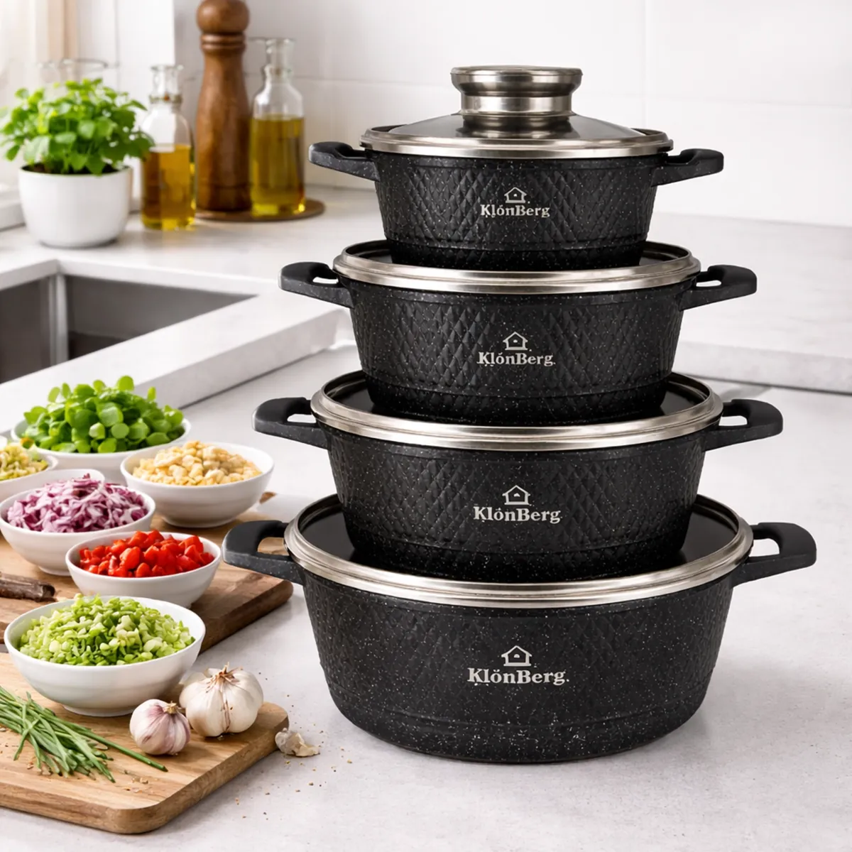 Cast Aluminum Nonstick Cookware Set 8-Piece Ceramic Marble Induction Compatible KB-3839