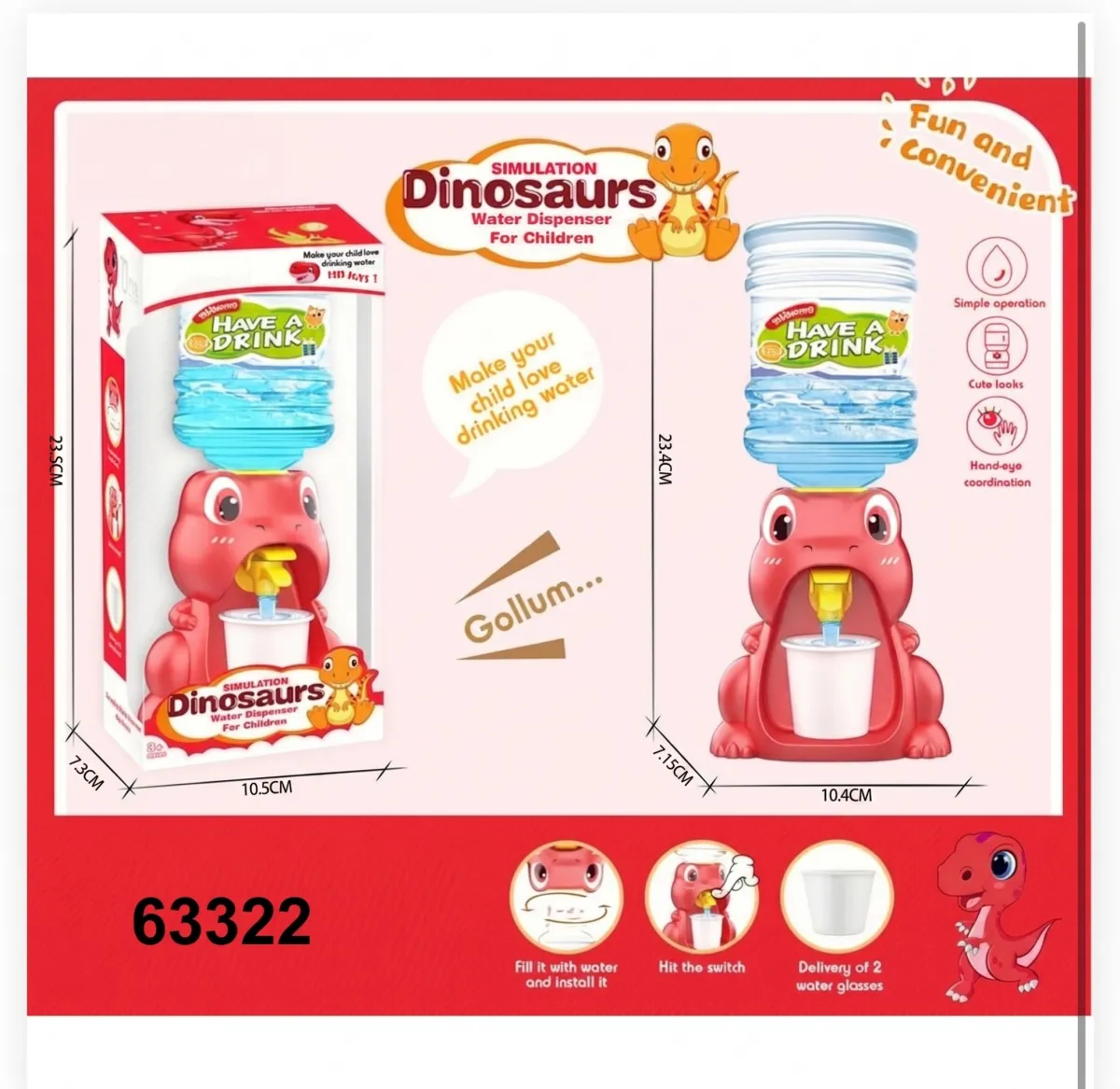 63322 Mini Dinosaur Water Dispenser Toy for Kids – Real Working Drink Dispenser with 2 Cups