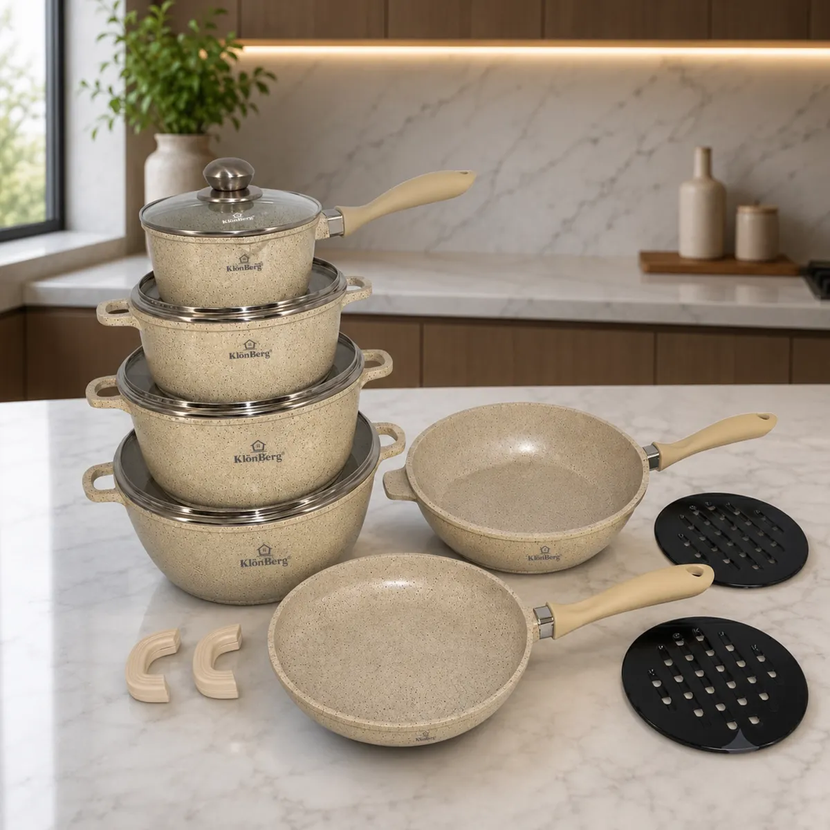Cast Aluminium 17-Piece Ceramic Marble Non-Stick Cookware Set Beige