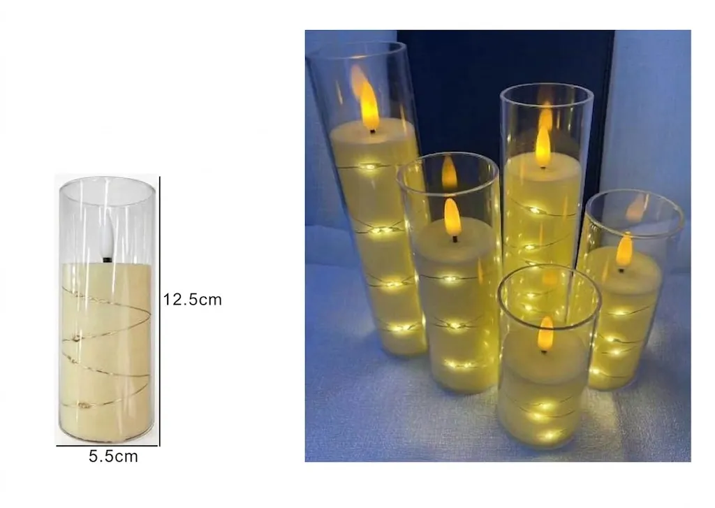 787343 ✨ LED Glass Cylinder Candle with Copper Wire Fairy Lights 12.5 cm – Warm Fairy Light Glow